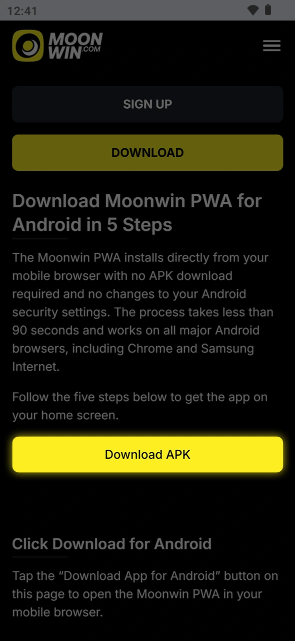 Tap download to install the Moonwin Android app on your device.