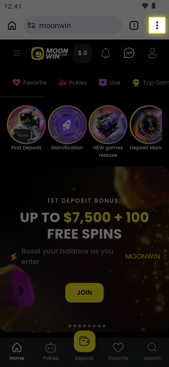Press the share button to configure your Moonwin Android app.