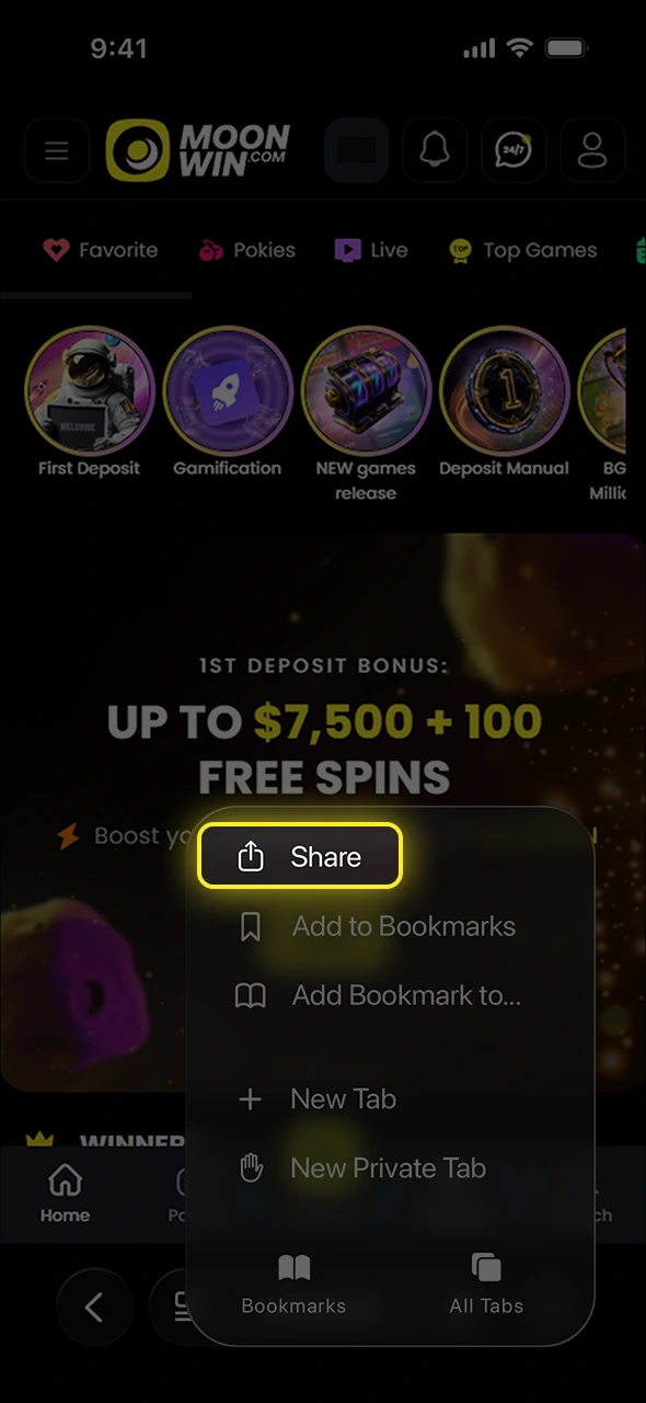 Tap share on your browser to set up the Moonwin iOS app.