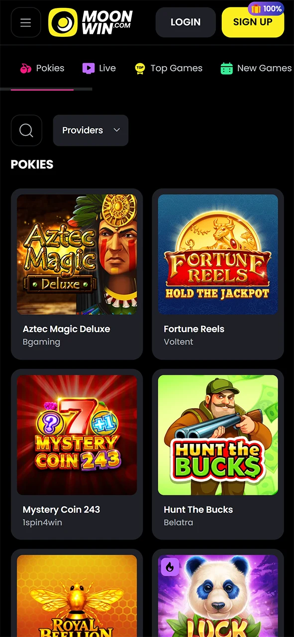 Browse casino games through the convenient interface of the Moonwin app.