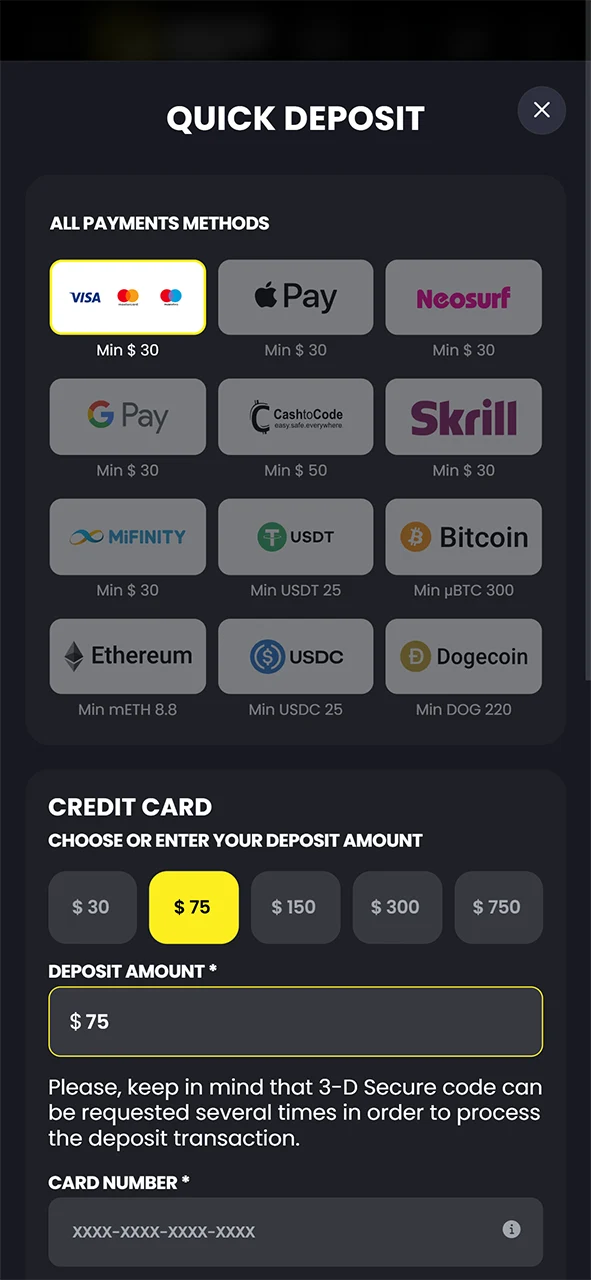 Make fast deposits using the payment interface in the Moonwin app.