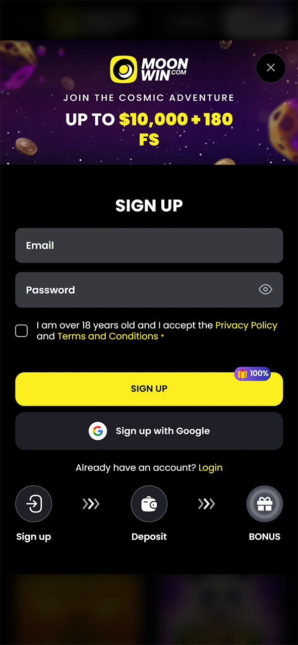 Complete account registration using the interface of the Moonwin app.