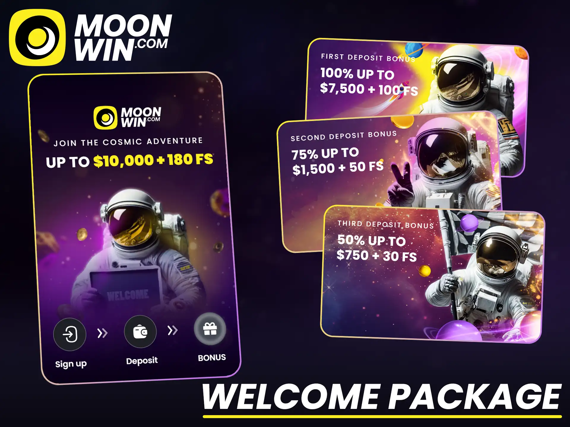 Activate the generous Moonwin welcome bonus package upon registration now.