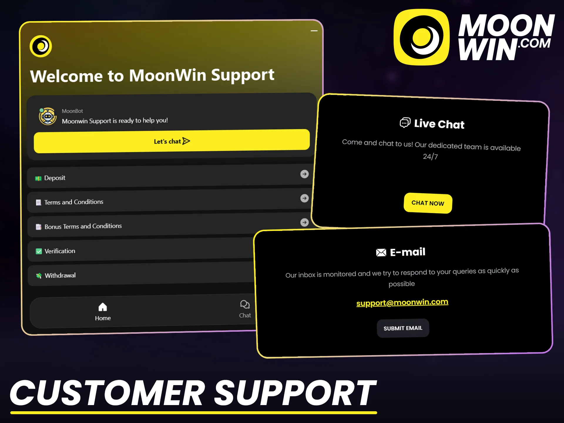 Contact Moonwin support team anytime for assistance with casino services.