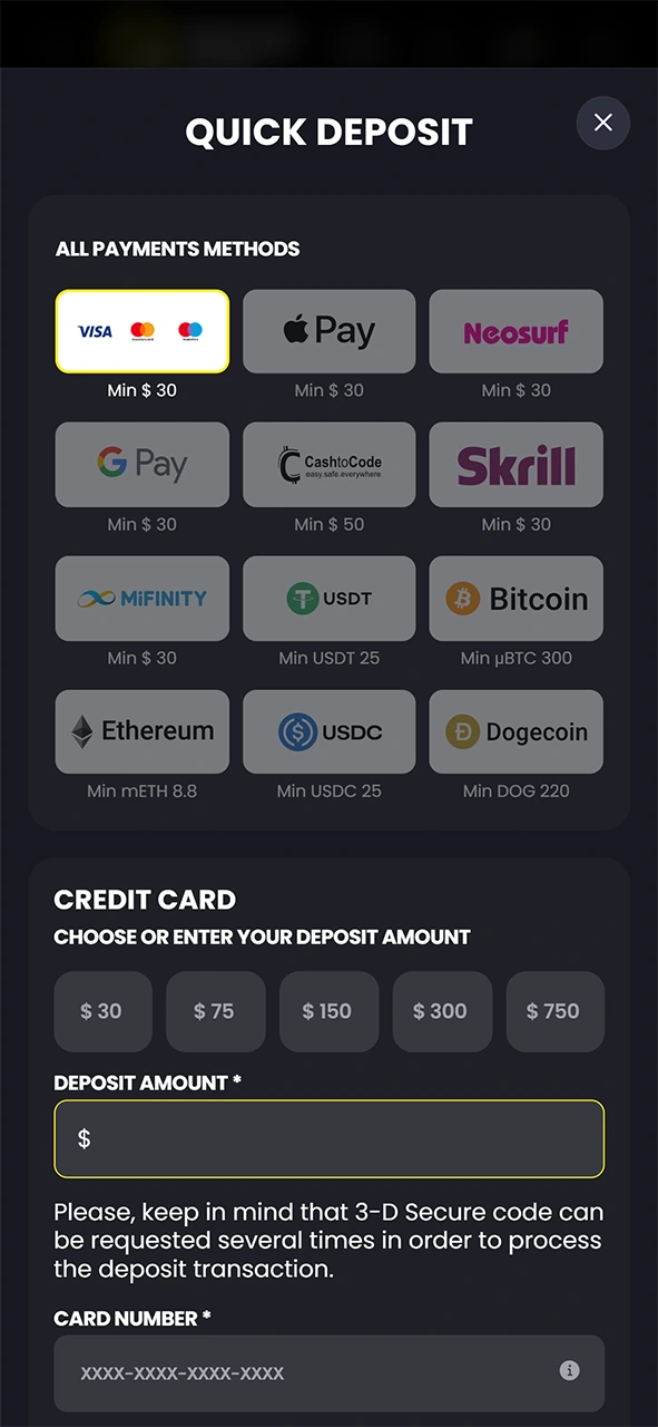 Make a quick deposit to play for real cash at Moonwin.