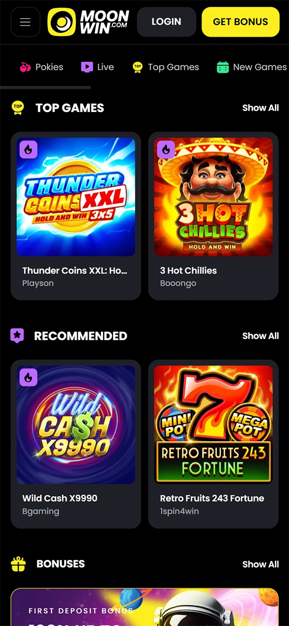 Visit the main website to play top slots at Moonwin.
