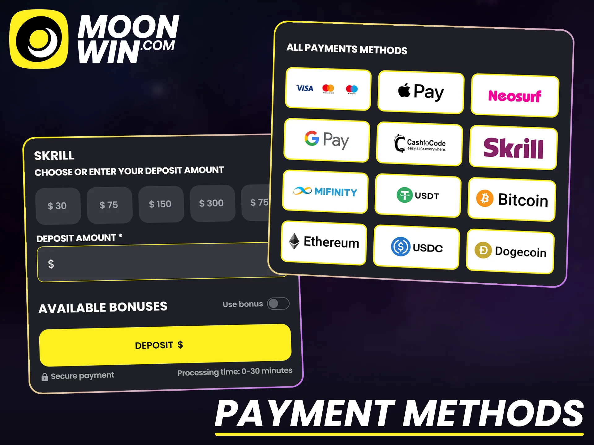 Choose convenient payment methods for fast deposits at Moonwin casino.
