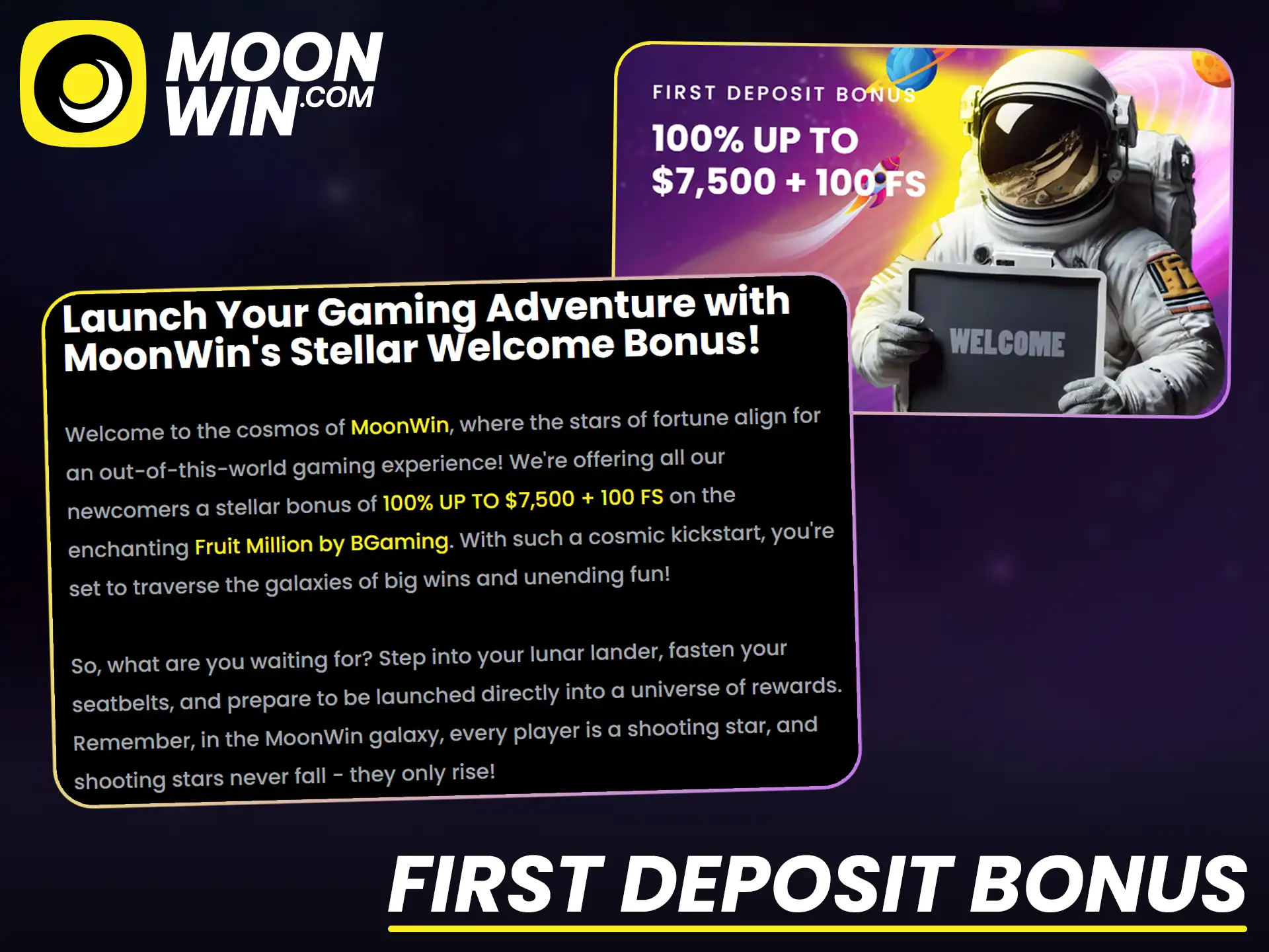Make your first deposit using Moonwin payment methods to claim bonuses.