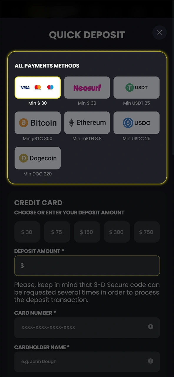 Select preferred Moonwin payment methods to make a quick casino deposit.