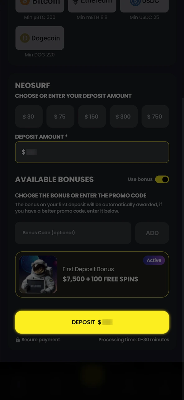 Confirm the transaction to finalize your Moonwin deposit securely and play.