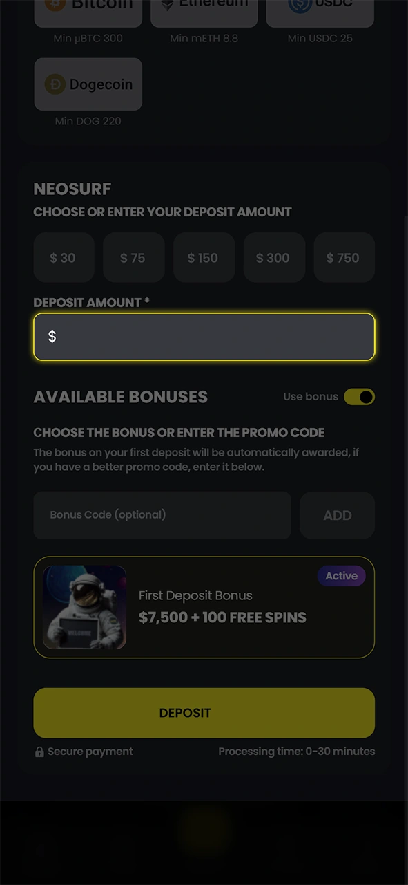 Specify your desired Moonwin deposit amount to fund your casino balance.