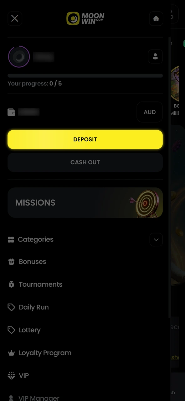 Open the Moonwin cashier section to proceed with your deposit now.