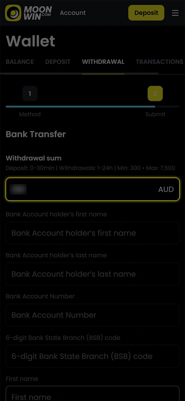 Enter the exact withdrawal amount to cash out your Moonwin winnings.