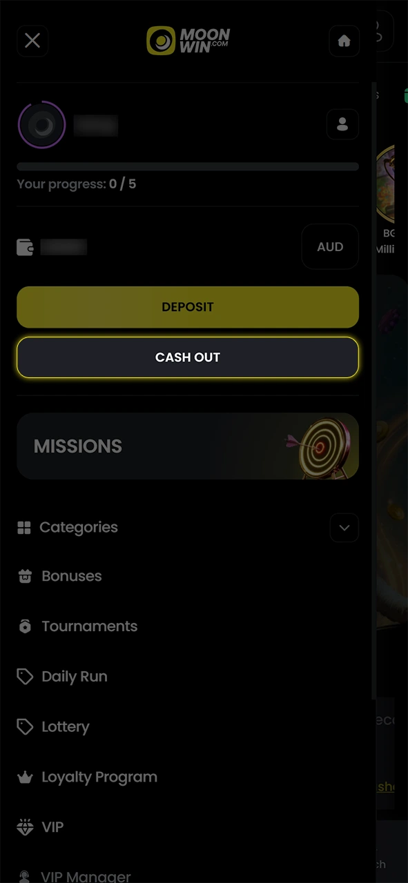 Go to the Moonwin cashier to find the withdrawal options available.
