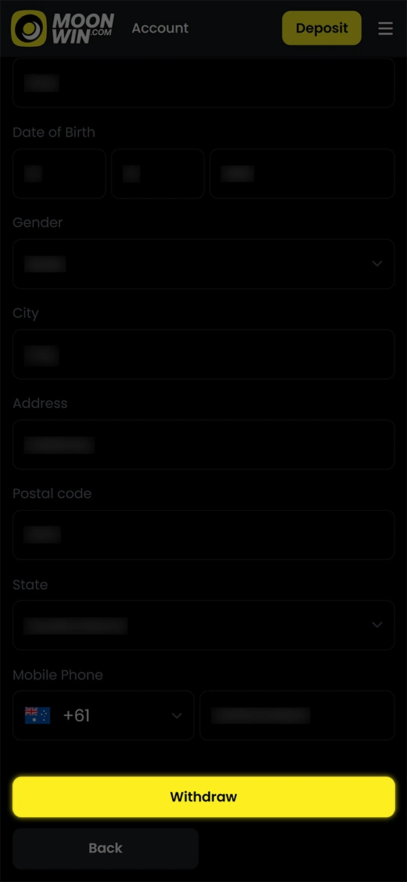 Submit your Moonwin withdrawal request to receive funds via payment methods.