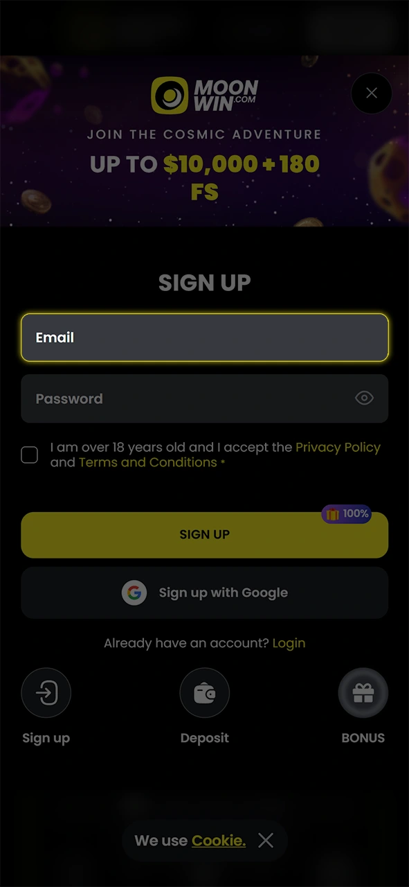 Enter your email address during the Moonwin registration process now.