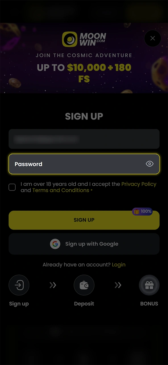 Create a strong password for your Moonwin email registration account.