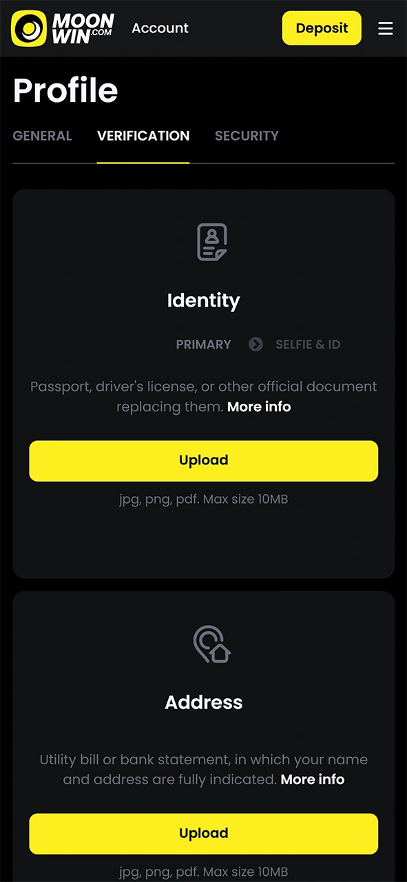 Open the verification section in your Moonwin registration account settings.