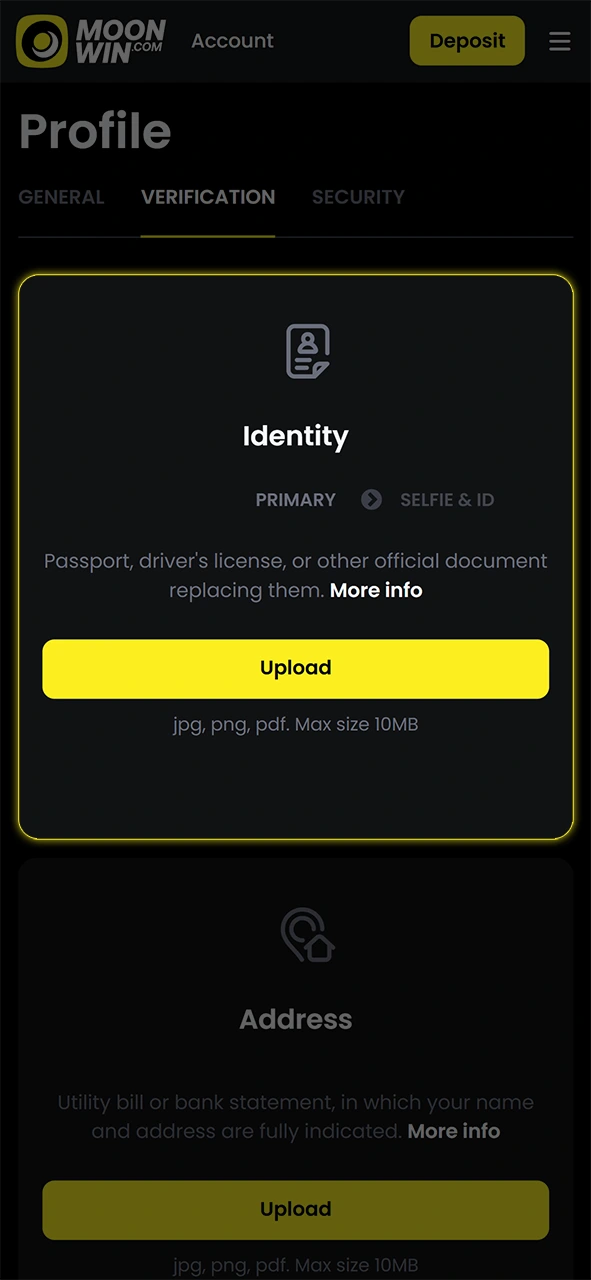 Upload your identity documents for Moonwin account verification and registration.