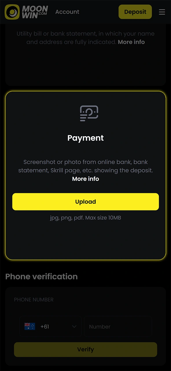 Submit payment method details for account verification after Moonwin registration.