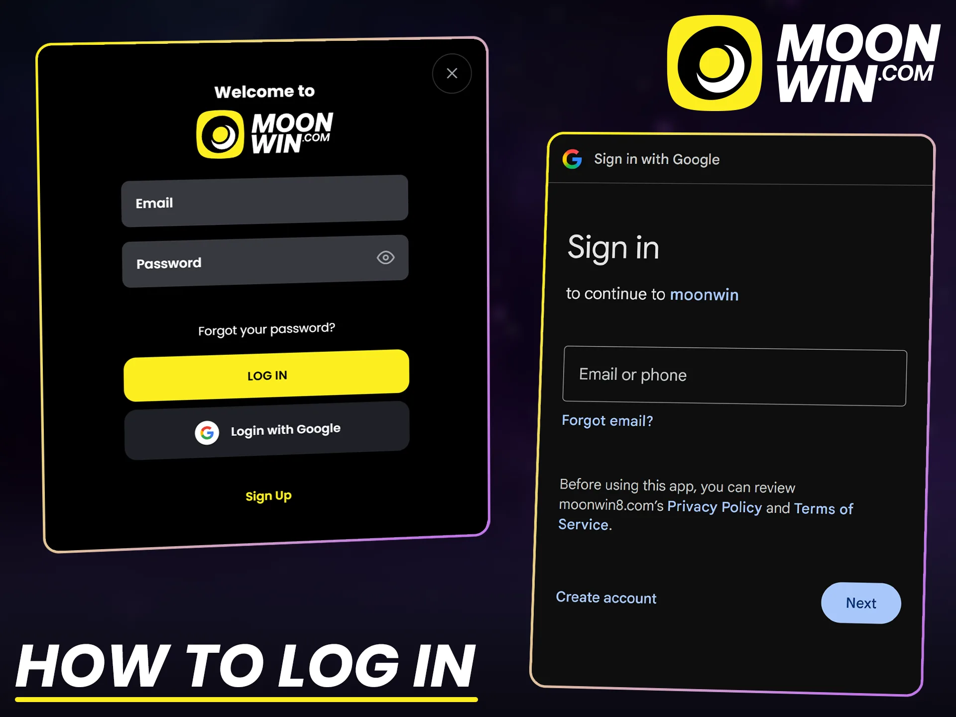 Log in after your Moonwin registration to access popular casino games.