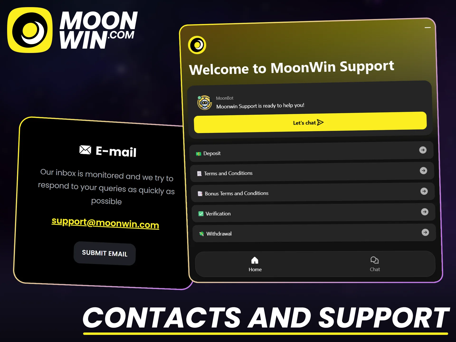 Contact Moonwin customer support team for help with any online slots.